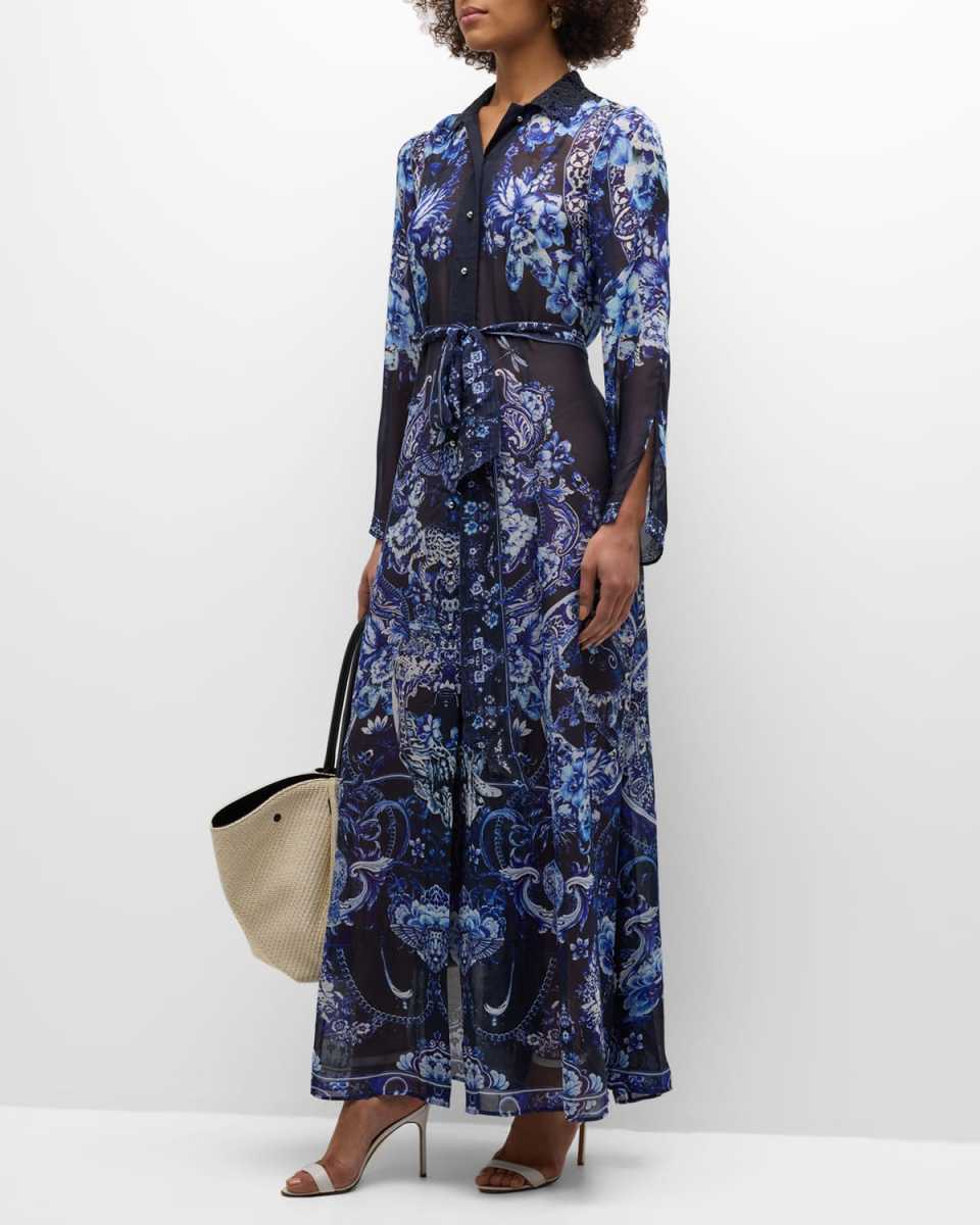 Delft Dynasty Chiffon Maxi Dress with Cutwork Lace Collar